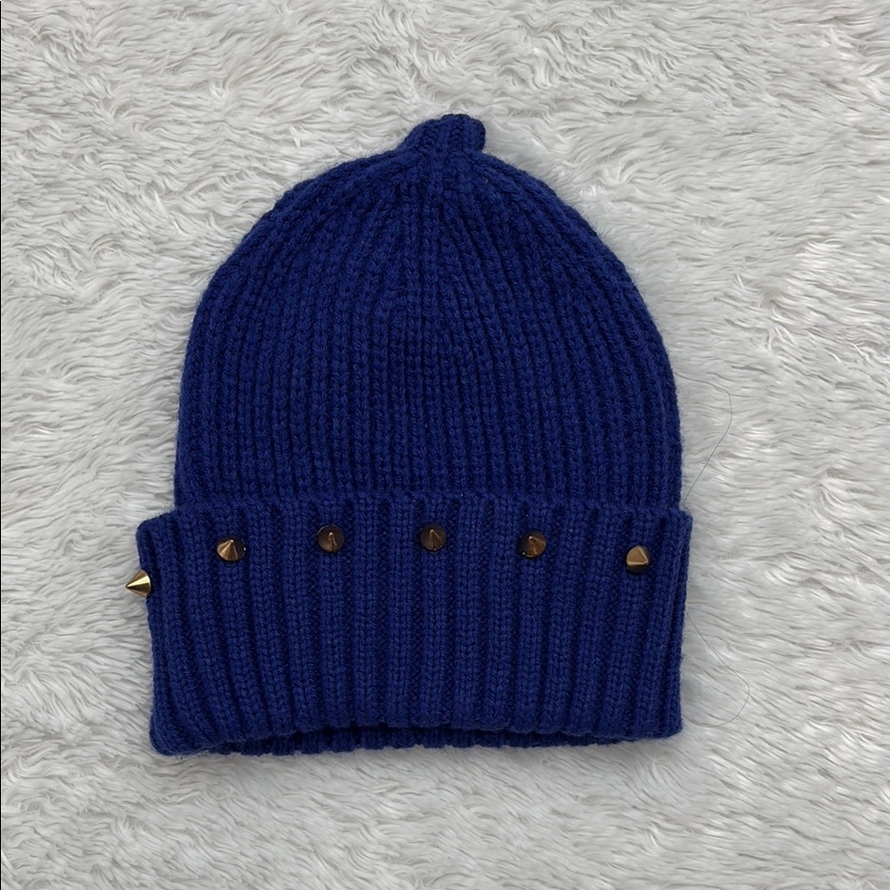 Blue Knit Beanie with Gold Accents